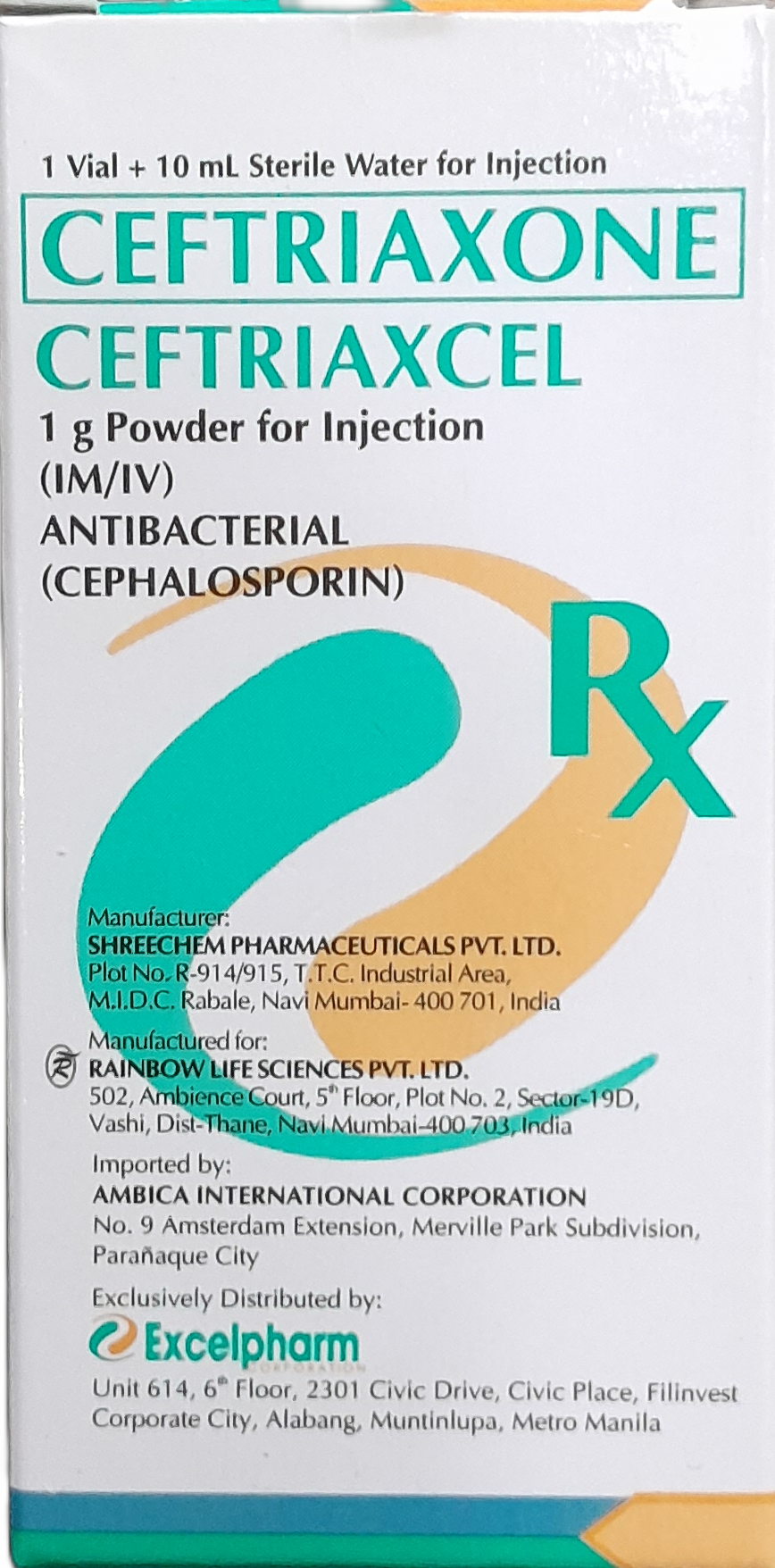 CEFTRIAXCEL Ceftriaxone 1g Powder for IM/IV Injection 10mL 1's + 10mL