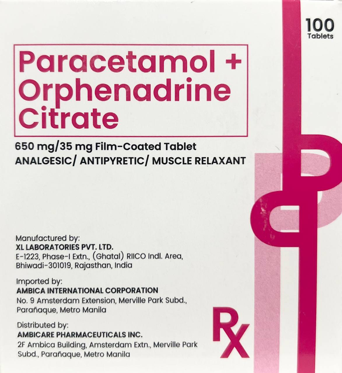 AMBICA Paracetamol / Orphenadrine Citrate 650mg / 35mg FilmCoated