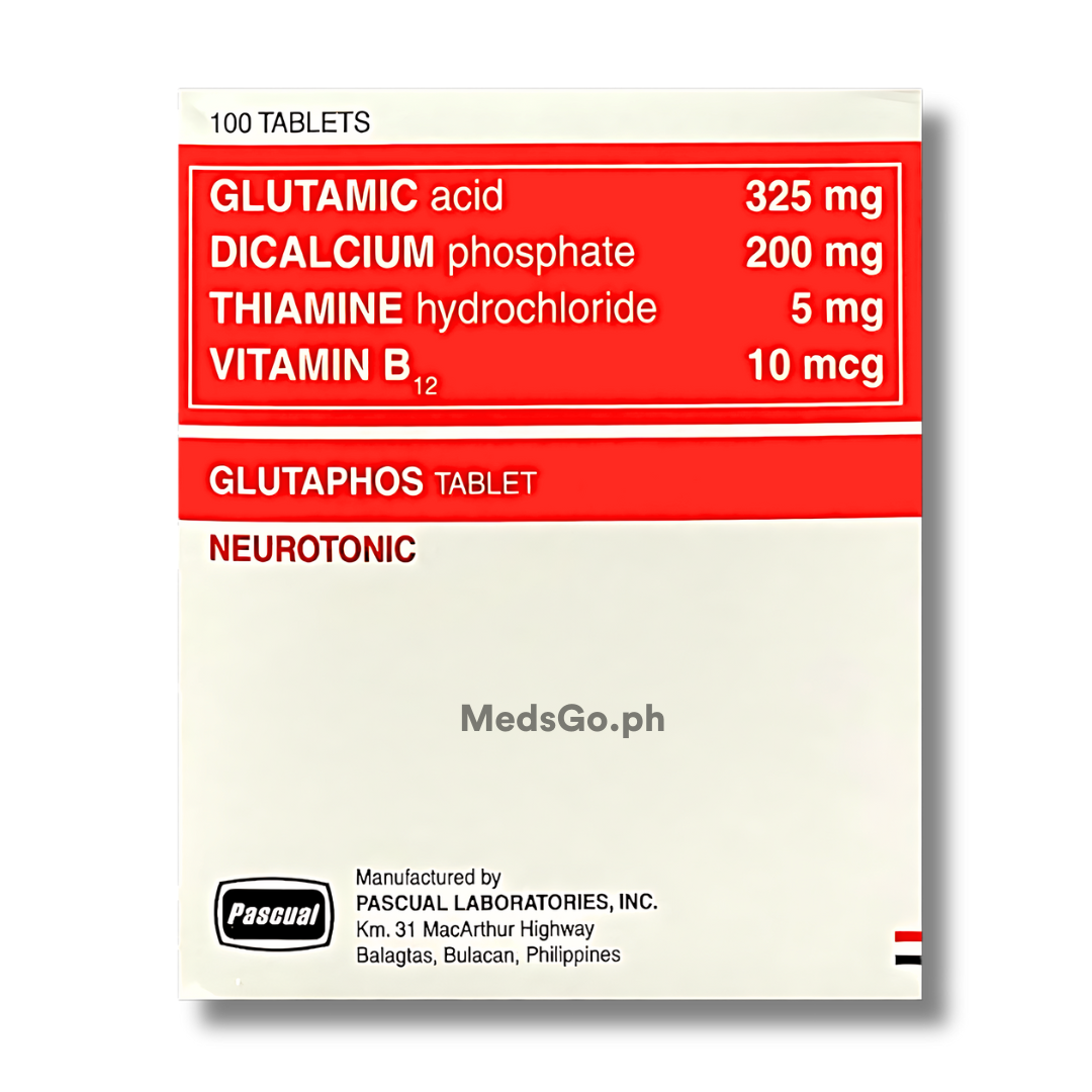 GLUTAPHOS Glutamic Acid / Dicalcium Phosphate / Thiamine Hydrochloride / Cyanocobalamin Tablet 100's price in the Philippines