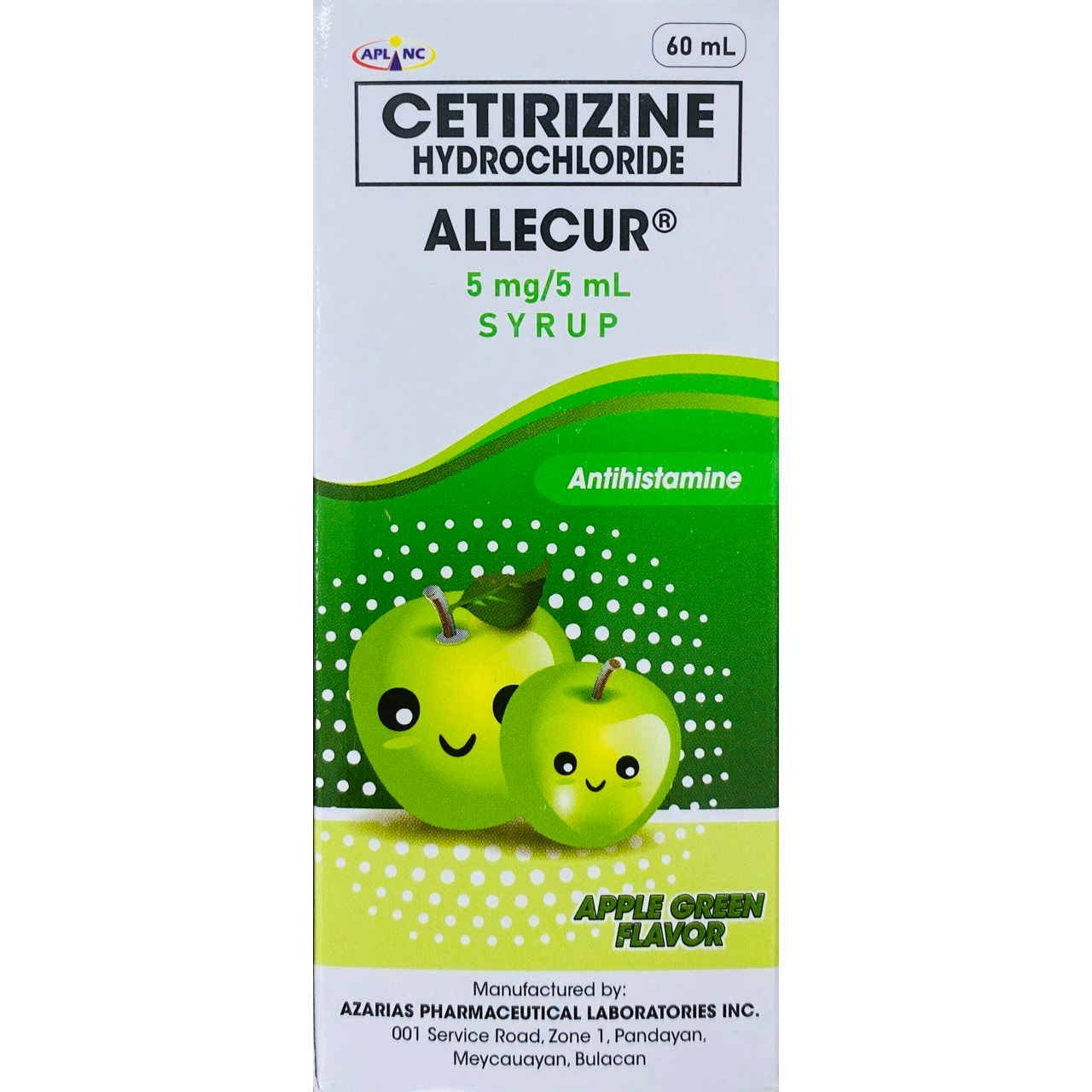ALLECUR Cetirizine Hydrochloride 5mg / 5mL Syrup 60mL Apple Green price