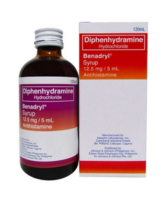 BENADRYL Diphenhydramine Hydrochloride 12.5mg / 5mL Syrup 120mL, Dosage Strength: 12.5mg / 5ml, Drug Packaging: Syrup 120ml