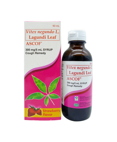 ASCOF Vitex Negundo L. (Lagundi Leaf) 300mg / 5mL Syrup 60mL Strawberry, Dosage Strength: 300mg / 5ml, Drug Packaging: Syrup 60ml, Drug Flavor: Strawberry