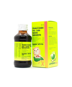 APPEBON WITH IRON Multivitamins (Vit. B1, B6, & B12) / Buclizine Hydrochloride / Ferrous Sulfate / Lysine Hydrochloride (10mg / 5mg / 10mcg) / 5mg / 50mg / 125mg Syrup 60mL, Drug Packaging: Syrup 60ml