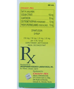 Image of DYNATUSSIN DEXTROMETHORPHAN HYDROBROMIDE / GUAIFENESIN / SODIUM CITRATE / PHENYLPROPANOLAMINE HYDROCHLORIDE 10MG / 50MG / 150MG / 10MG PER 5ML SYRUP 60ML