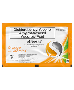 STREPSILS ORANGE WITH VITAMIN C Dichlorobenzyl Alcohol / Amylmetacresol / Ascorbic Acid 1.2mg / 600mcg / 100mg Lozenge 8's, Dosage Strength: 1.2mg / 600mcg / 100mg, Drug Packaging: Lozenge 8's, Drug Flavor: Orange