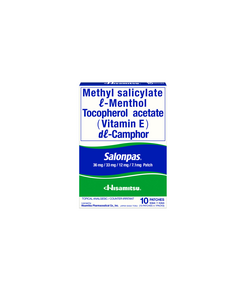 SALONPAS Methyl Salicylate / L-Menthol / Tocopherol Acetate / Dl-Camphor 36mg / 33mg / 12mg / 7.1mg Medicated Patch 10's, Dosage Strength: 36mg / 33mg / 12mg / 7.1mg, Drug Packaging: Medicated Patch 10's