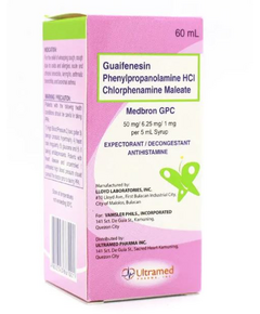 MEDBRON GPC Guaifenesin / Phenylpropanolamine Hydrochloride / Chlorphenamine Maleate 50mg / 6.25mg / 1mg per 5mL Syrup 60mL, Dosage Strength: 50 mg / 6.25 mg / 1 mg per 5 ml, Drug Packaging: Syrup 60ml