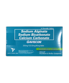GAVISCON Sodium Alginate / Sodium Bicarbonate / Calcium Carbonate 250mg / 133.50mg / 80mg Chewable Tablet 1's, Dosage Strength: 250 mg / 133.5 mg / 80 mg, Drug Packaging: Chewable Tablet 1's
