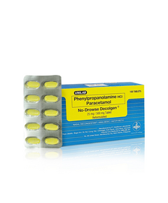 NO-DROWSE DECOLGEN Phenylpropanolamine Hydrochloride / Paracetamol 25mg / 500mg Tablet 1's, Dosage Strength: 25 mg / 500 mg, Drug Packaging: Tablet 1's