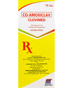 CLOVIMED Co-Amoxiclav 457mg / 5mL Powder for Suspension 70mL, Dosage Strength: 457 mg per 5 ml, Drug Packaging: Powder for Suspension 70ml