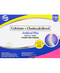 AMBICAL-PLUS Calcium / Cholecalciferol (Vit. D3) 500mg / 200IU Tablet 1's, Dosage Strength: 500 mg (Equivalent to 1.25 g Calcium Carbonate) / 200 IU, Drug Packaging: Tablet 1's