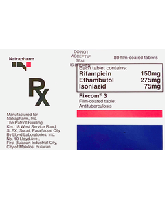FIXCOM 3 Rifampicin / Ethambutol / Isoniazid 150mg / 275mg / 75mg Film-Coated Tablet 1's, Dosage Strength: 150mg / 275mg / 75mg, Drug Packaging: Film-Coated Tablet 1's