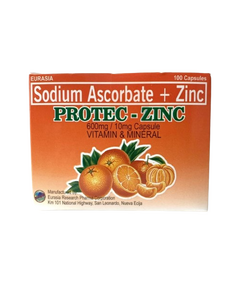 PROTEC-ZINC Ascorbic Acid / Zinc 533.40mg / 10mg Capsule 1's Orange, Dosage Strength: 533.40mg (Equivalent to 600mg Sodium Ascorbate) / 10mg (Equivalent to 27.45mg Zinc Sulfate), Drug Packaging: Capsule 1's, Drug Flavor: Orange