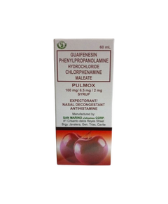 PULMOX Guaifenesin / Phenylpropanolamine Hydrochloride / Chlorphenamine Maleate 100mg / 6.5mg / 2mg per 5mL Syrup 60mL Cherry