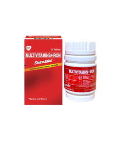 STRESSTABS Multivitamins / Iron Film-Coated Tablet 30's, Dosage Strength: Formulation Each film-coated Tablet contains: Thiamine Hydrochloride (Vitamin B1) 15 mg Riboflavin (Vitamin B2) 10 mg Nicotinamide Pantothenic Acid (as Calcium Pantothenate)100 mg Pyridoxine (as Hydrochloride) (Vitamin B6) 5 mg Biotin 45 mcg Folic Acid 40, Drug Packaging: Film-Coated Tablet 30's
