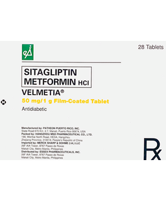 VELMETIA Sitagliptin / Metformin 50mg / 1000mg - 1 Tablet, Dosage Strength: 50mg / 1g, Drug Packaging: Film-Coated Tablet 1's