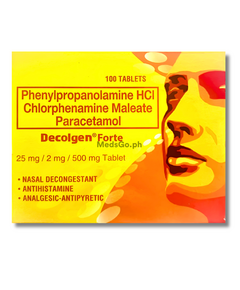 DECOLGEN FORTE 20 Tabs - Phenylpropanolamine / Chlorphenamine / Paracetamol 25mg / 2mg / 500mg, Dosage Strength: 2 mg / 25 mg / 500 mg, Drug Packaging: Tablet 20's