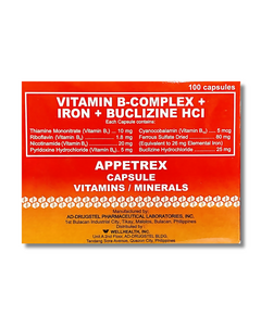 APPETREX Vitamin B Complex / Iron / Buclizine Hydrochloride Capsule 1's, Dosage Strength: 10 mg / 1.8 mg / 20 mg / 5 mg / 5 mcg / 80 mg / 25 mg, Drug Packaging: Capsule 1's