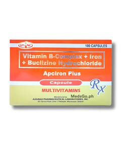 APCIRON PLUS Vitamin B Complex / Iron / Buclizine Hydrochloride Capsule 1's, Drug Packaging: Capsule 1's