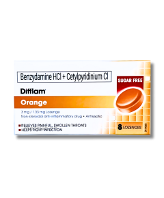 Image of DIFFLAM ORANGE BENZYDAMINE HYDROCHLORIDE / CETYLPYRIDINIUM CHLORIDE 3MG / 1.33MG LOZENGE 8'S