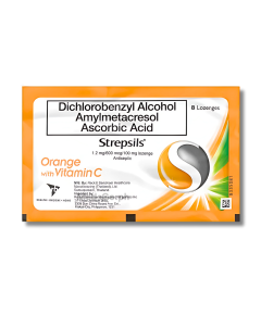 Image of STREPSILS ORANGE WITH VITAMIN C DICHLOROBENZYL ALCOHOL / AMYLMETACRESOL / ASCORBIC ACID 1.2MG / 600MCG / 100MG LOZENGE 8'S