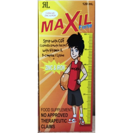 Image of MAXIL FORTE CGF (CHLORELLA GROWTH FACTOR) / VITAMIN A / VITAMIN B COMPLEX / LYSINE / ZINC / IRON SYRUP 120ML