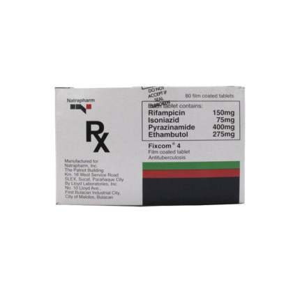 Image of FIXCOM 4 RIFAMPICIN / ISONIAZID / PYRAZINAMIDE / ETHAMBUTOL 150MG / 75MG / 400MG / 275MG FILM-COATED TABLET 80'S