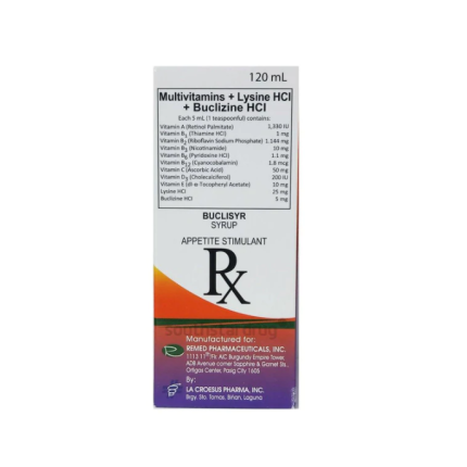 Image of BUCLISYR MULTIVITAMINS / LYSINE HYDROCHLORIDE / BUCLIZINE HYDROCHLORIDE SYRUP 120ML