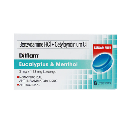 Image of DIFFLAM EUCALYPTUS & MENTHOL BENZYDAMINE HYDROCHLORIDE / CETYLPYRIDINIUM CHLORIDE 3MG / 1.33 MG LOZENGE 8'S