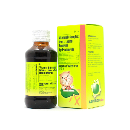 Image of APPEBON WITH IRON MULTIVITAMINS (VIT. B1, B6, & B12) / BUCLIZINE HYDROCHLORIDE / FERROUS SULFATE / LYSINE HYDROCHLORIDE (10MG / 5MG / 10MCG) / 5MG / 50MG / 125MG SYRUP 60ML