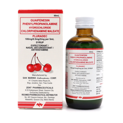 Image of PLURADEC SYRUP 60ML - GUAIFENESIN / PHENYLPROPANOLAMINE / CHLORPHENAMINE 100MG / 6.5MG / 2MG
