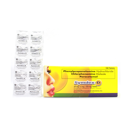 Image of SYMDEX-D 1 BOX X 100 TABS - PHENYLPROPANOLAMINE / CHLORPHENAMINE / PARACETAMOL 25MG / 2MG / 325MG