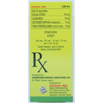 Image of DYNATUSSIN DEXTROMETHORPHAN HYDROBROMIDE / GUAIFENESIN / SODIUM CITRATE / PHENYLPROPANOLAMINE HYDROCHLORIDE 10MG / 50MG / 150MG / 10MG PER 5ML SYRUP 120ML