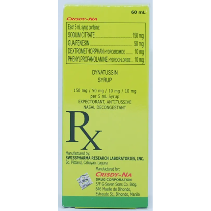 Image of DYNATUSSIN DEXTROMETHORPHAN HYDROBROMIDE / GUAIFENESIN / SODIUM CITRATE / PHENYLPROPANOLAMINE HYDROCHLORIDE 10MG / 50MG / 150MG / 10MG PER 5ML SYRUP 60ML