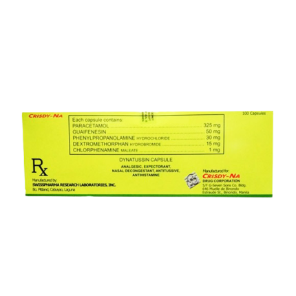 Image of DYNATUSSIN DEXTROMETHORPHAN HYDROBROMIDE / GUAIFENESIN / CHLORPHENAMINE MALEATE / PARACETAMOL / PHENYLPROPANOLAMINE HYDROCHLORIDE 15MG / 50MG / 1MG / 325MG / 30MG CAPSULE 1'S