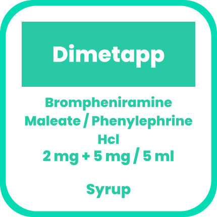 Image of DIMETAPP PHENYLEPHRINE HYDROCHLORIDE / BROMPHENIRAMINE MALEATE 5MG / 2MG PER 5ML SYRUP 100ML