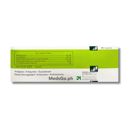 Image of MUCOTUSS FORTE 1 BOX X 100 CAPS - PARACETAMOL / GUAIFENESIN / PHENYLPROPANOLAMINE / DEXTROMETHORPHAN / CHLORPHENAMINE 325MG / 50MG / 12.5MG / 10MG / 1MG