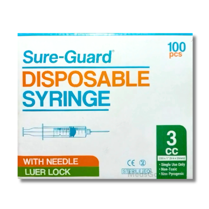 Image of SURE-GUARD DISPOSABLE SYRINGE WITH NEEDLE LUER LOCK 23G X 1" 3CC 3ML
