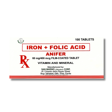 Image of ANIFER FERROUS SULFATE / FOLIC ACID 60MG / 400MCG FILM-COATED TABLET 1'S