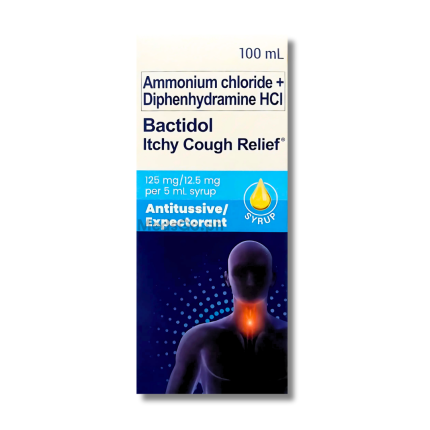 Image of BACTIDOL ITCHY COUGH RELIEF AMMONIUM CHLORIDE / DIPHENHYDRAMINE HCL 125MG / 12.5MG SYRUP 100ML