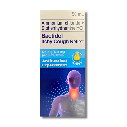 Image of BACTIDOL ITCHY COUGH RELIEF AMMONIUM CHLORIDE / DIPHENHYDRAMINE HCL 125MG / 12.5MG SYRUP 50ML