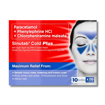 Image of SINUTAB COLD PLUS 1 TABLET - PARACETAMOL / PHENYLEPHRINE  / CHLORPHENIRAMINE 500MG / 5MG / 2MG