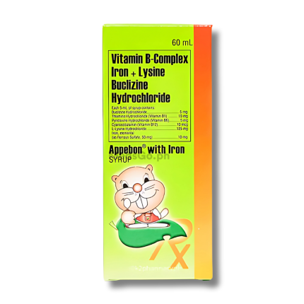 Image of APPEBON WITH IRON MULTIVITAMINS (VIT. B1, B6, & B12) / BUCLIZINE HYDROCHLORIDE / FERROUS SULFATE / LYSINE HYDROCHLORIDE (10MG / 5MG / 10MCG) / 5MG / 50MG / 125MG SYRUP 60ML