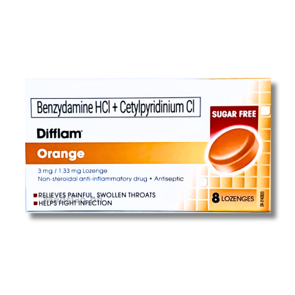 Image of DIFFLAM ORANGE BENZYDAMINE HYDROCHLORIDE / CETYLPYRIDINIUM CHLORIDE 3MG / 1.33MG LOZENGE 8'S