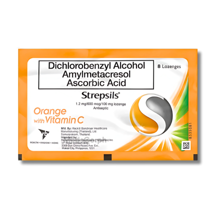 Image of STREPSILS ORANGE WITH VITAMIN C DICHLOROBENZYL ALCOHOL / AMYLMETACRESOL / ASCORBIC ACID 1.2MG / 600MCG / 100MG LOZENGE 8'S