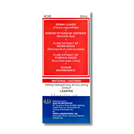 Image of WATSONAL CASTORIA SENNA LEAVES EXTRACT / FLUID EXTRACT OF PUMPKIN SEEDS / FLUID EXTRACT OF WORM SEEDS / SODIUM POTASSIUM TARTRATE / SODIUM BICARBONATE 830MCL / 61 MCL / 61MCL/ 160MG / 50MG SYRUP 60ML