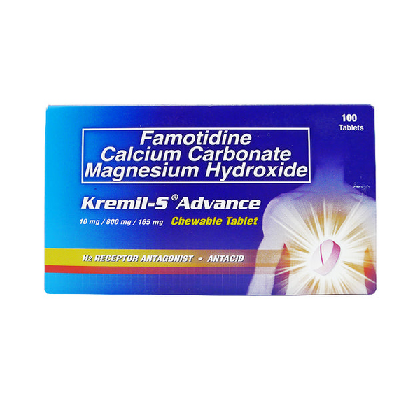 KREMIL-S ADVANCE Famotidine / Calcium Carbonate / Magnesium Hydroxide 10mg / 800mg / 165mg Chewable Tablet 100's, Dosage Strength: 10 mg / 800 mg / 165 mg, Drug Packaging: Chewable Tablet 100's