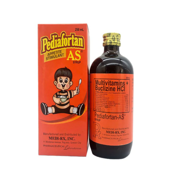 PEDIAFORTAN-AS Multivitamins / Buclizine Hydrochloride Syrup 250mL, Drug Packaging: Syrup 250ml