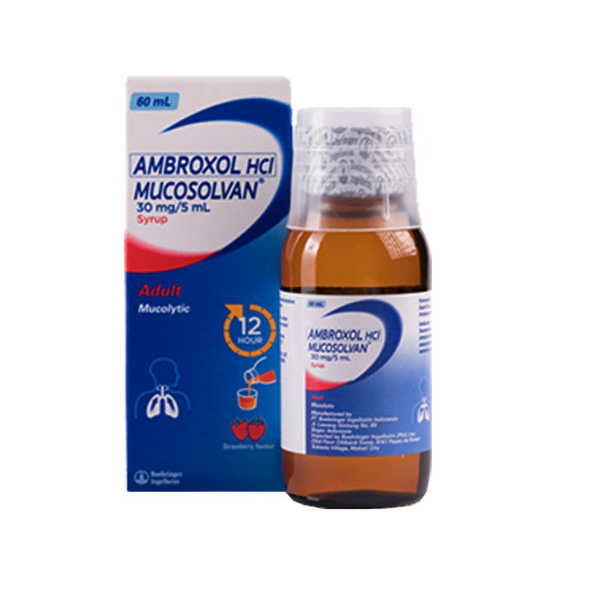 MUCOSOLVAN Ambroxol Hydrochloride 30mg / 5mL Syrup 60mL Strawberry, Dosage Strength: 30mg / 5ml, Drug Packaging: Syrup 60ml