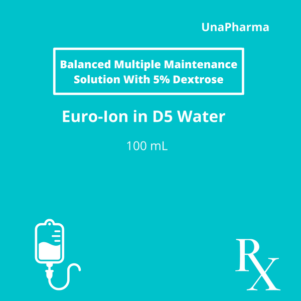 EURO-ION IN D5 WATER Balanced Multiple Maintenance Solution with 5% Dextrose Solution for IV Infusion 100mL, Dosage Strength: Each 100 ml contains 5 g Dextrose Monohydrate, 189 mg Sodium Acetate, Anhydrous, 141 mg Potass IU m Chloride, 21.4 mg Sodium Phosphate Monobasic, 30.5 mg Magnesium Chloride Hexahydrate, 15 mg Monopotass IU m Phosphate & 20 mg Sodium Metabisulfite, Drug Packaging: Solution for Infusion (I.V.) 100ml